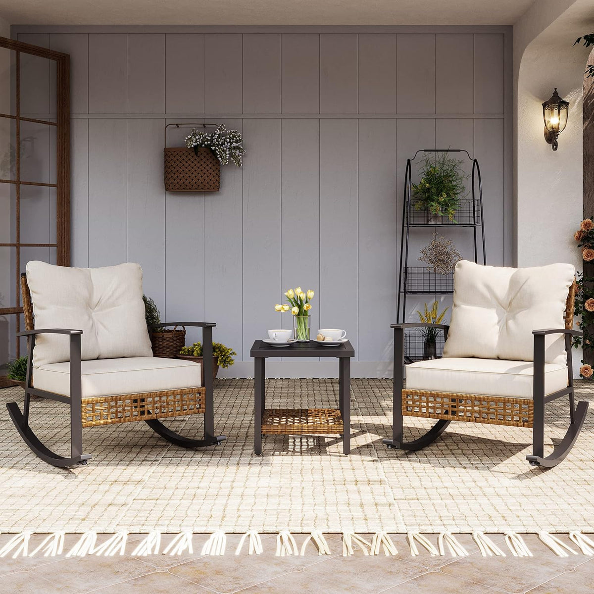 LAUSAINT HOME 3-Piece Rocking Bistro Set  Outdoor Patio Furniture with Thick Cushions and 2-Tier Coffee Table  Oversize Rattan Conversation Set for Garden  Balcony  Backyard (Beige)