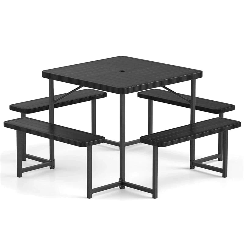 4-8 Person Outdoor Picnic Table Bench Set, All-Weather HDPE Square Dining Table with Umbrella Hole, 4 Benches & Metal Frame for Patio Backyard