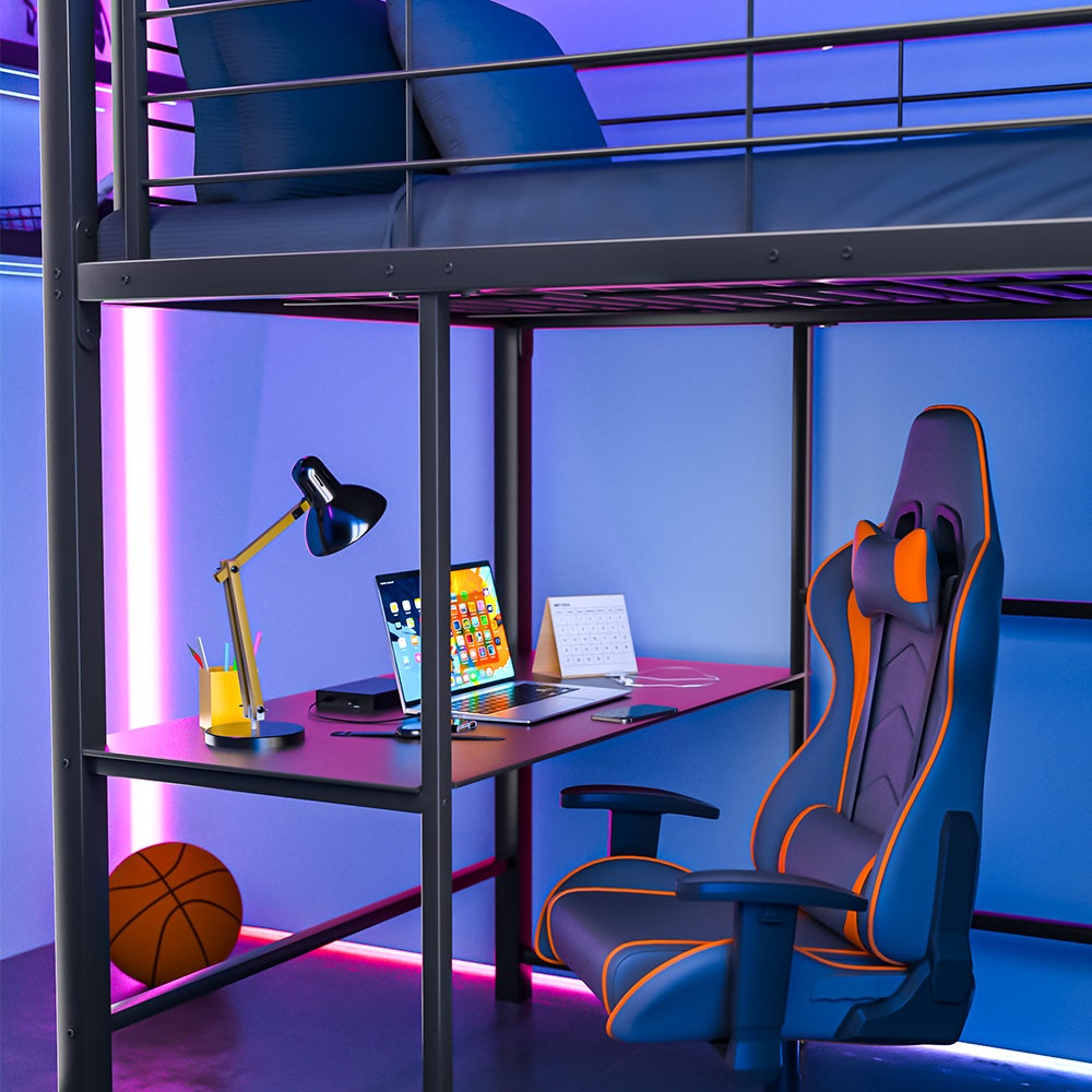 Gaming Loft Bed with Desk and Storage Cabinet, Steel Metal Frame, Space Saving Design, for Single Mattress, Matte Dark Grey