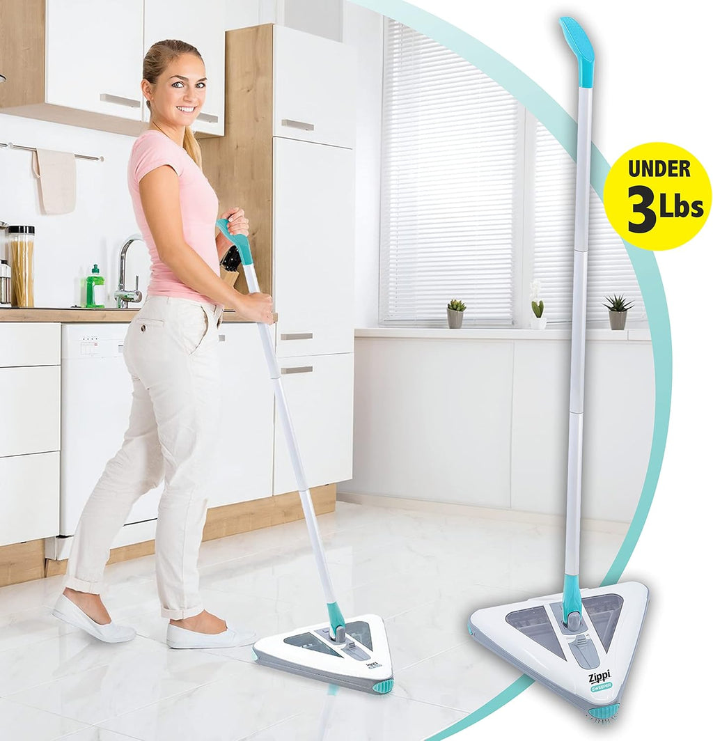 Zippi Sweeper Max- Powerful and Lightweight Sweeper  Perfect for Carpet Hardwood and Tile  Triangular Design Allows for Sweeping in Corners  1000 mAh Rechargeable Battery