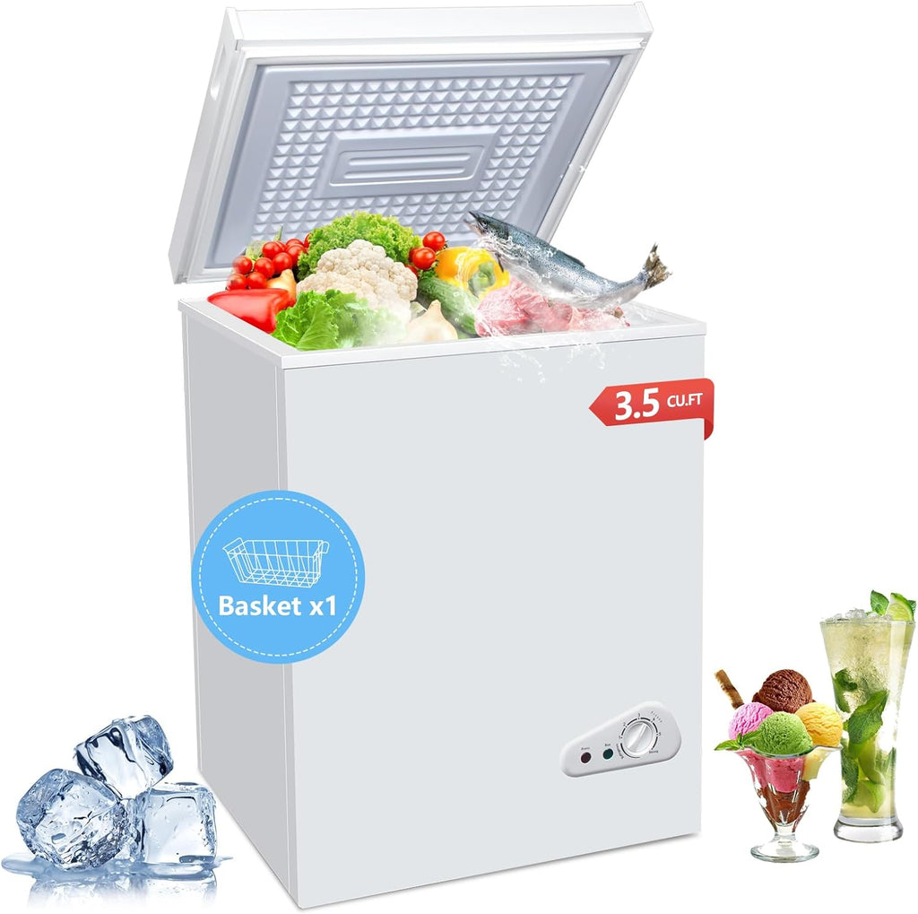 3.5 Cu.Ft Chest Freezer with a Removable Basket 7 Gears Adjustable Temperature Control(-18��F to -46��F), Deep Compact Freezer for Garage, Office, Basement, House, Kitchen, Shop, RVs-White