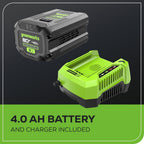 Greenworks 80V 21�� Brushless (Self-Propelled) Cordless Electric Lawn Mower + (580 CFM) Axial Leaf Blower (75+ Compatible Tools)  4.0Ah Battery and 60 Minute Rapid Charger  Green and Black