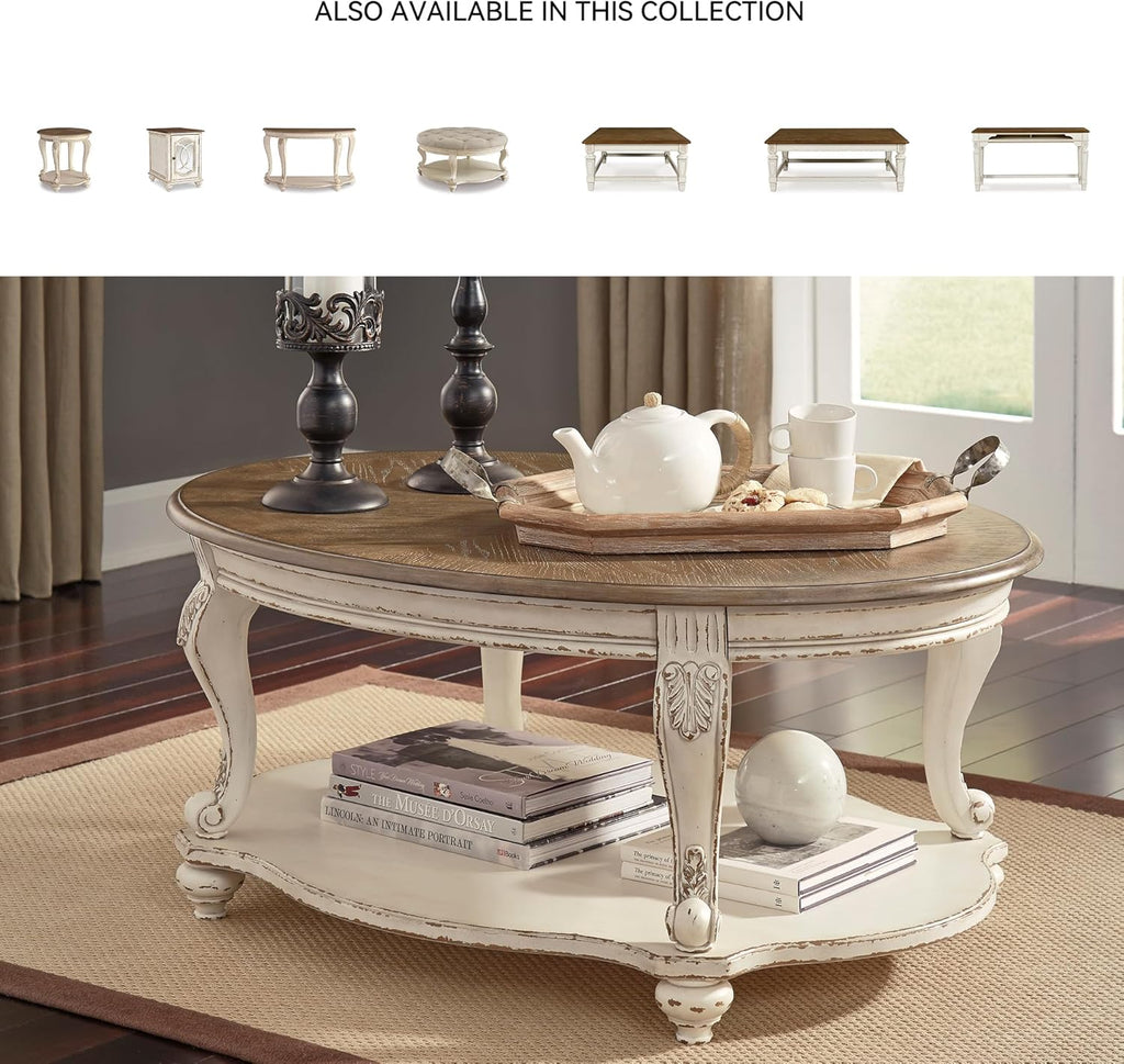 Signature Design by Ashley Realyn Farmhouse Chair Side End Table with Cabinet For Storage, Antique White & Brown