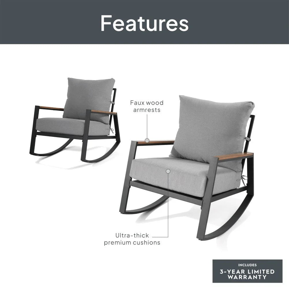 Better Homes & Gardens Marlow Outdoor 2pk Patio Rocking Chairs,Black Frame/Gray Cushion
