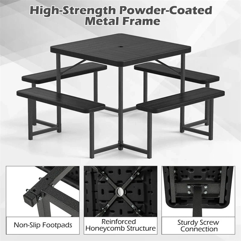 4-8 Person Outdoor Picnic Table Bench Set, All-Weather HDPE Square Dining Table with Umbrella Hole, 4 Benches & Metal Frame for Patio Backyard