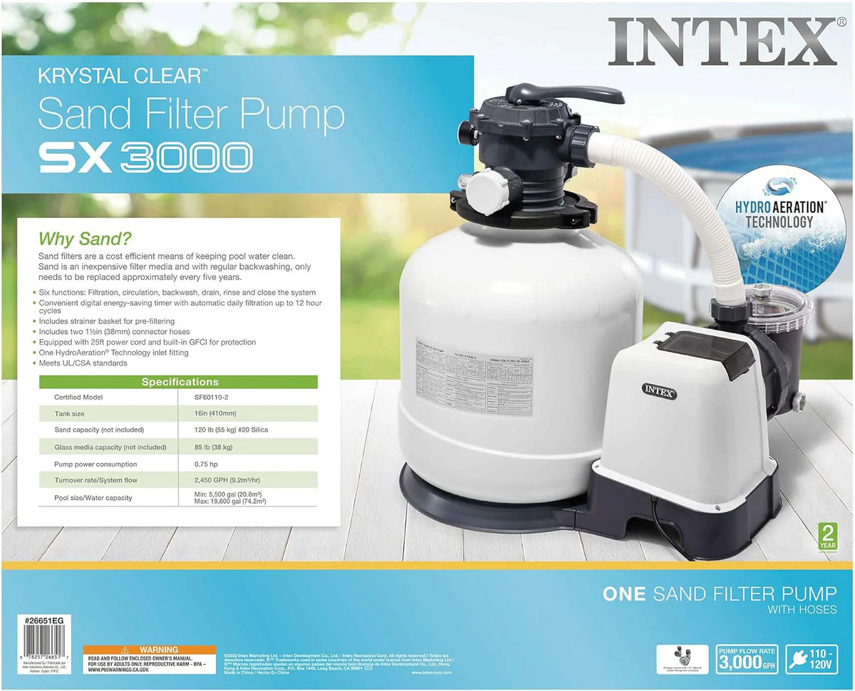 Intex 26651EG Krystal Clear 16 Inch 3,000 GPH Above Ground Pool Sand Filter Pump with Automatic Timer, GFCI, and 6 Function Control, Gray