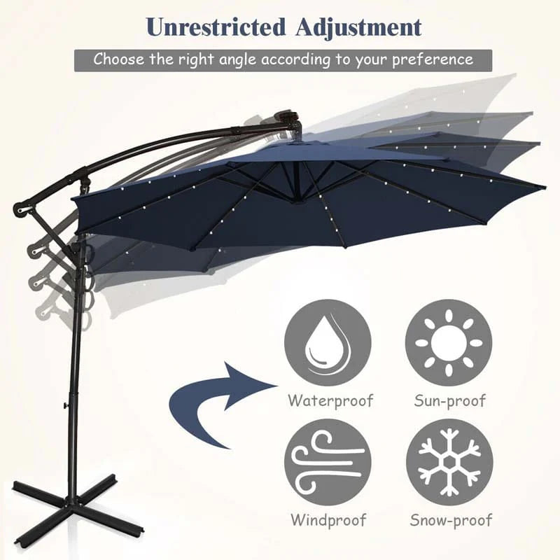 10 FT Patio Offset Umbrella with Solar Lights 360° Rotation Outdoor Market Umbrella with Crank Handle & Cross Base