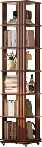 Solid Wood Rotating Bookshelf, 6-Tier Rolling Bookcase，360 Degree Revolving Bookshelf，Spinning Bookshelf Tower for Small Spaces, Bedroom，Office，Living Room，Classroom (Walnut)