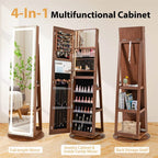 360�� Swivel Jewelry Cabinet Armoire w/ Full Length Mirror 3-Color LED Lights & Rear Shelves, Lockable Standing Jewelry Storage Organizer
