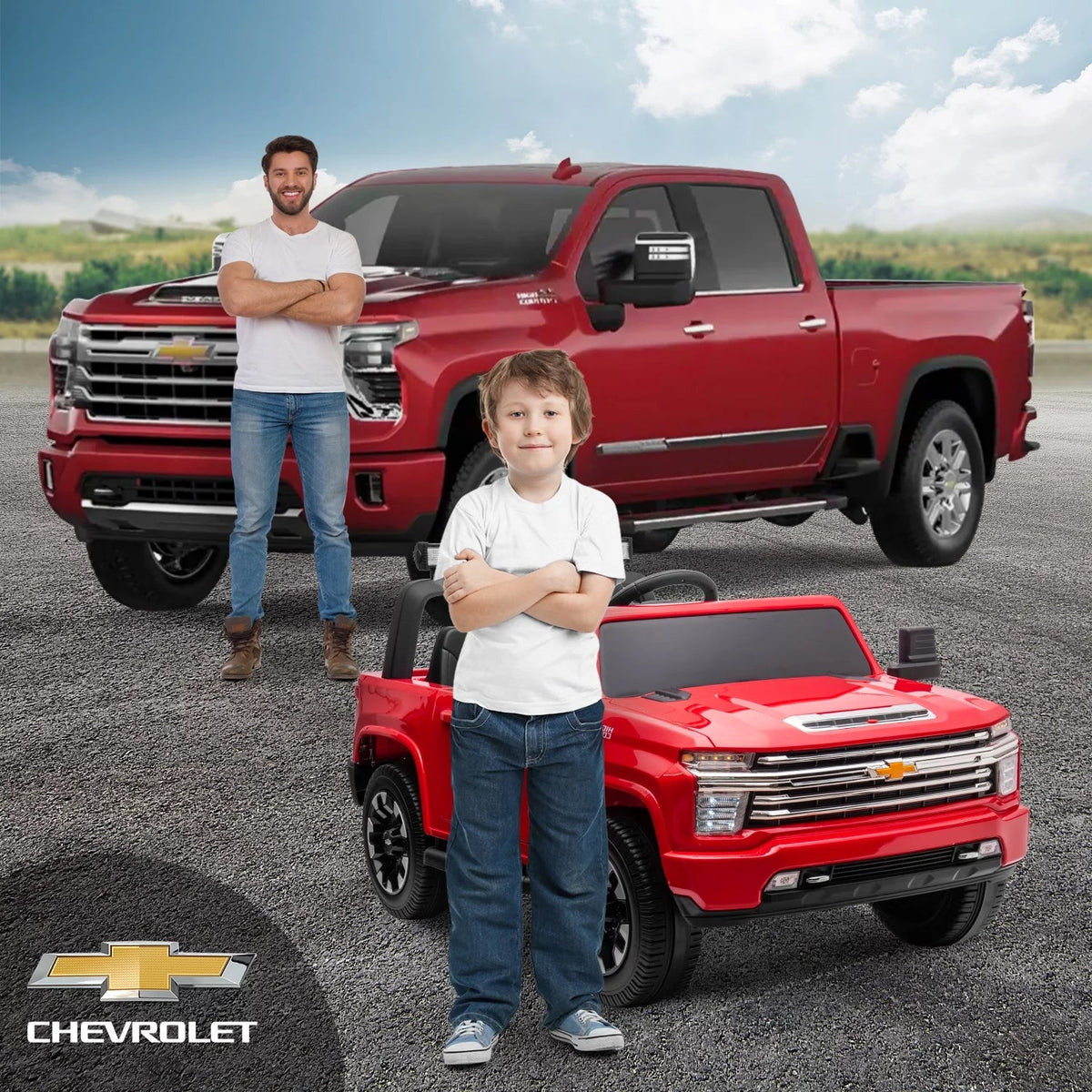 Track 7 24V Ride on Car, Licensed Silverado HD 2 Seater Electric Car for Boys Girls Age 3+, 24V Ride on Truck w/Remote Control, Music, ABC, Red