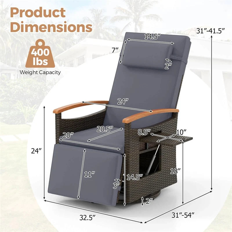 Outdoor Rattan 360�� Swivel Recliner Chair, Patio Wicker Chaise Lounge Chair with Adjustable Backrest & Footrest, Flip Side Table & Cushions