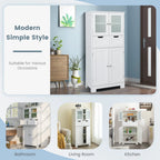 Giantex Floor Storage Cabinet with 4 Doors, Freestanding Bathroom Cabinet with 2 Glass Doors, White