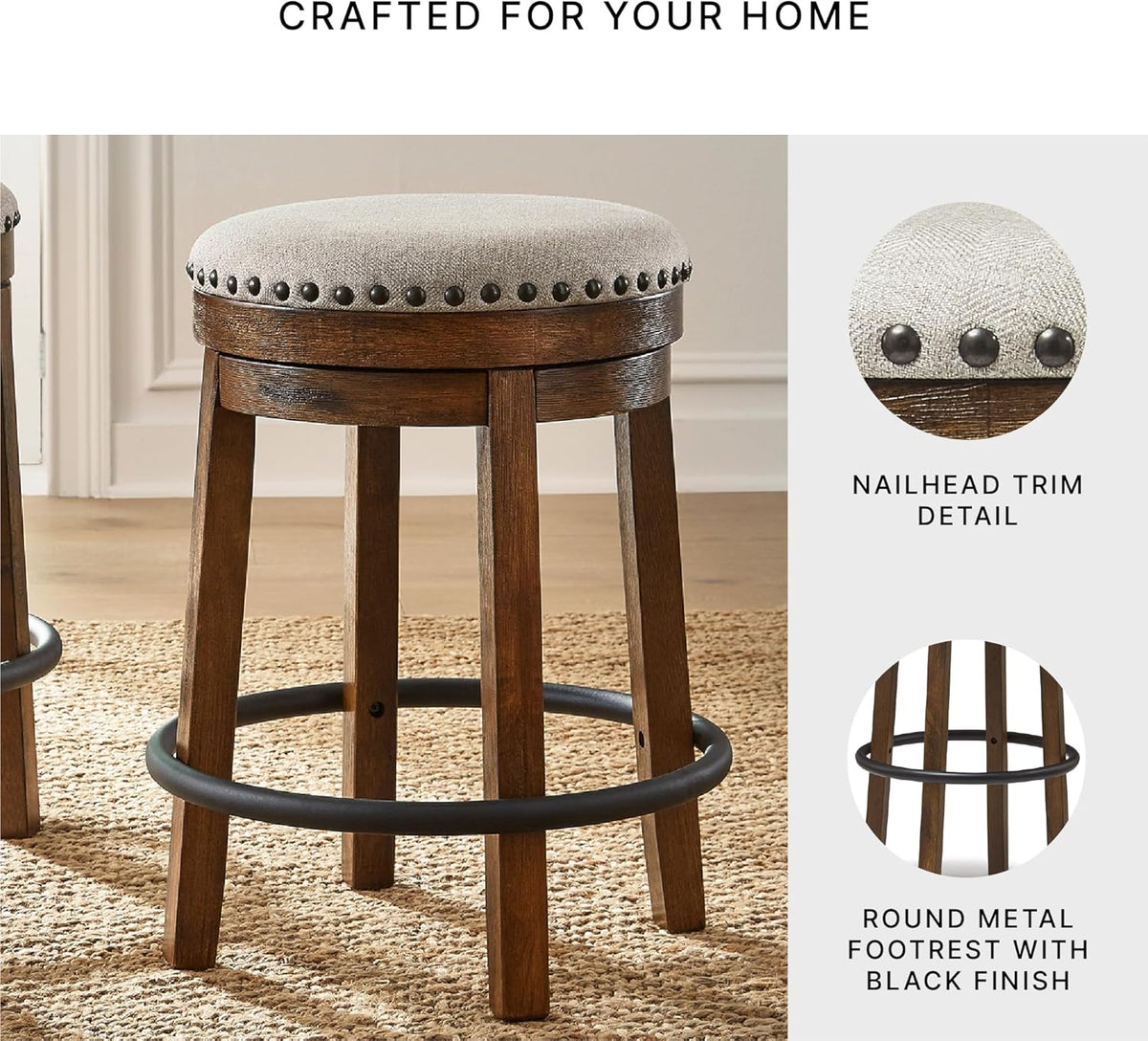 Signature Design by Ashley Valebeck Upholstered Swivel Stool, Cushioned Seat, Woven Fabric Upholstery, Wood, 24" H, Brown & Black