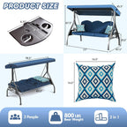 3 Seat Outdoor Porch Patio Swing with Stand 800lbs 2-in-1 Convertible Swing Bed with Adjustable Canopy & Removable Cushion for Yard Garden Deck (Blue  Square Tube)