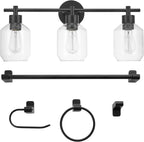 Globe Electric 65556 All-in-One 5-Piece Bathroom Set, Matte Black Finish, 3-Light Vanity with Clear Glass Shades, Towel Ring, Toilet Paper Holder, Robe Hook, and Towel Bar, Modern Bathroom Lighting