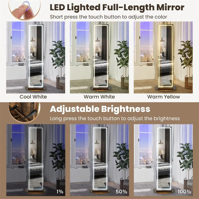 360�� Swivel Jewelry Cabinet Armoire w/ Full Length Mirror 3-Color LED Lights & Rear Shelves, Lockable Standing Jewelry Storage Organizer