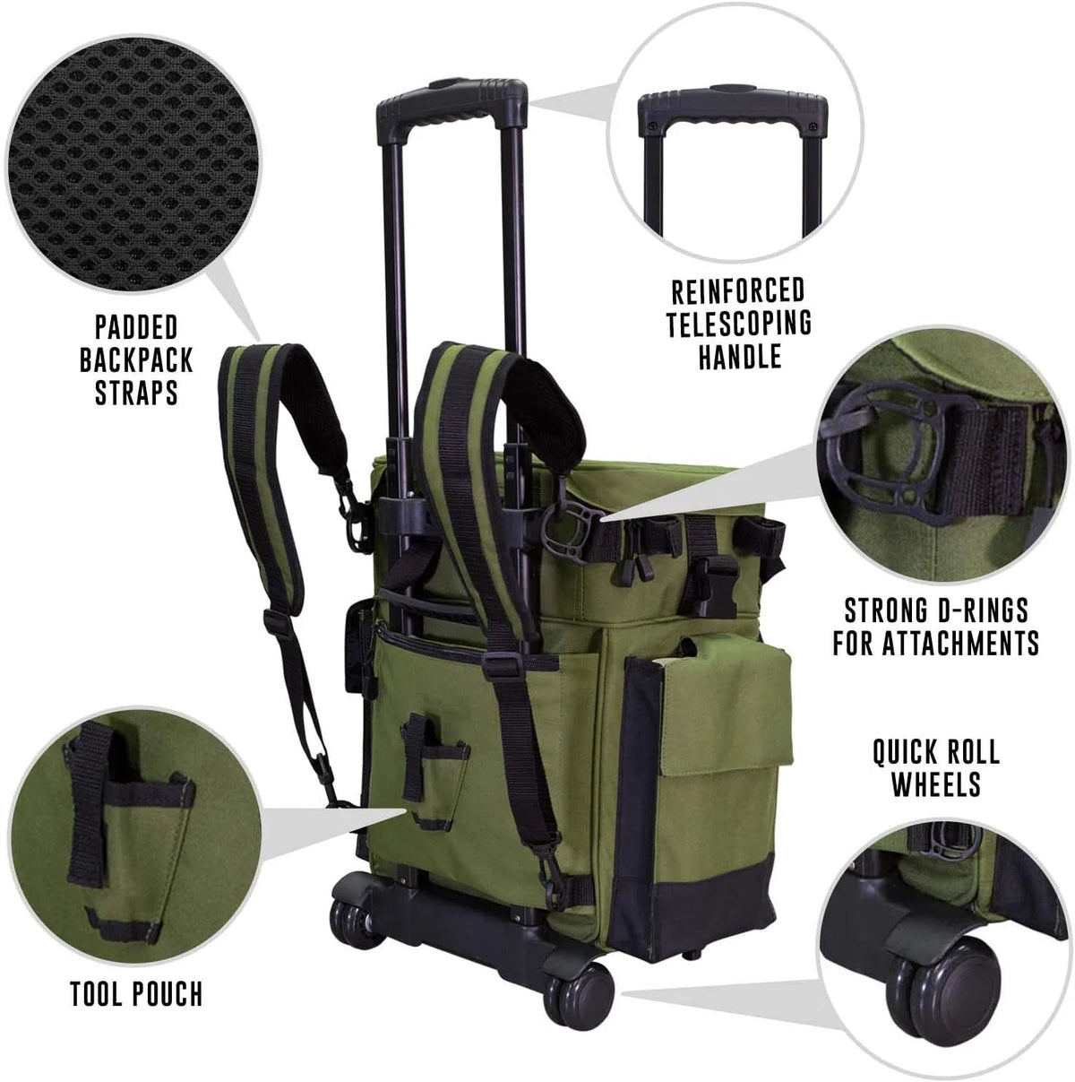 Elkton Outdoors Rolling Tackle Box with Wheels - Waterproof Rolling Fishing Backpack, 5 Removable Tackle Trays, 4 Rod Holders, Fishing Gifts for Men, Fish Tackle Bag, Roller Tackle Box