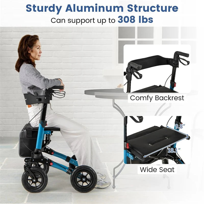 2-in-1 Folding Rolling Rollator Walker with Seat, 9" All-Terrain Pneumatic Tires & Height Adjustment, Aluminum Mobility Walking Aid for Seniors