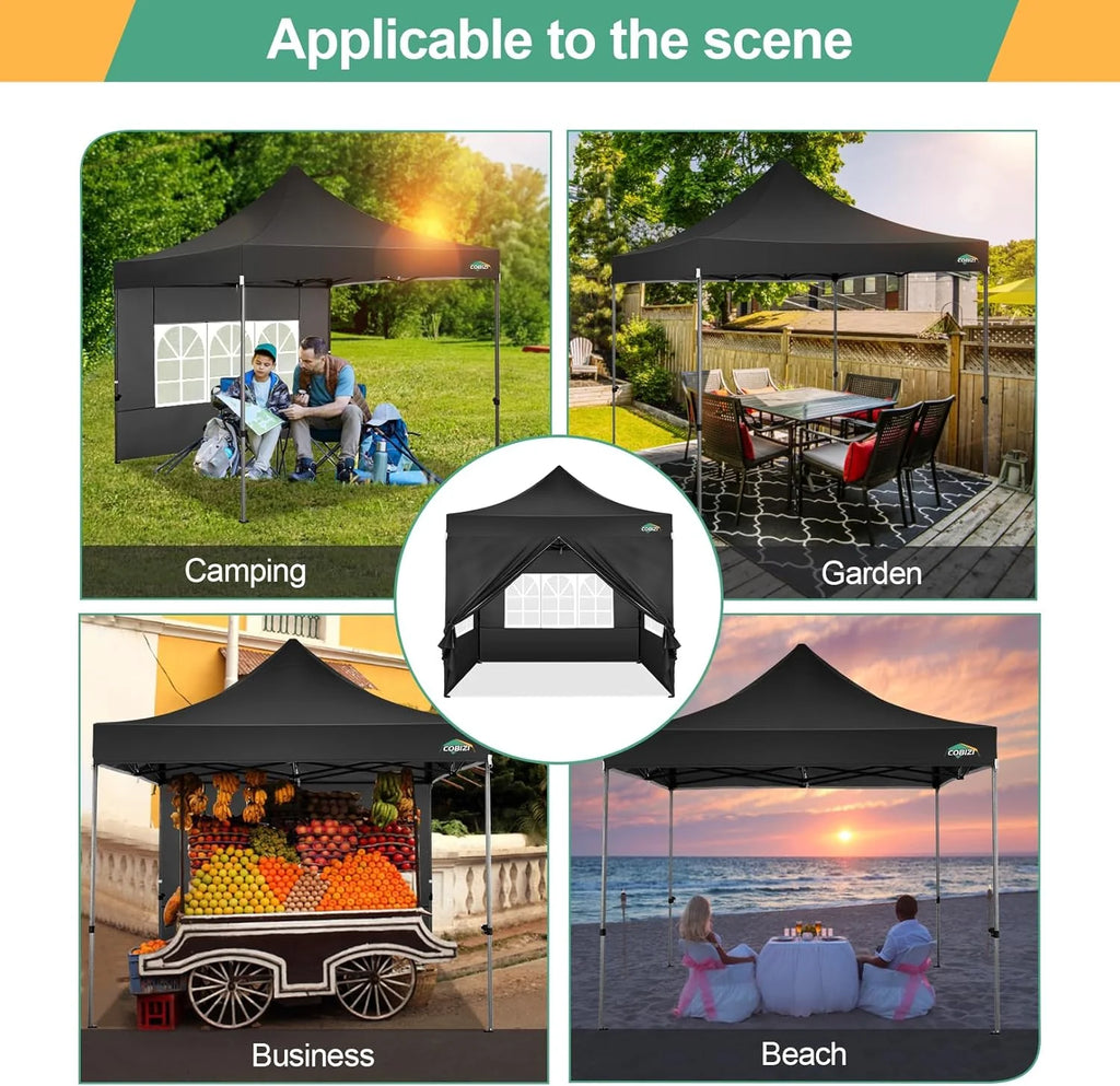 COBIZI 10x20 Heavy Duty Pop up Canopy Tent with 6 sidewalls Easy Up Commercial Outdoor Canopy Wedding Party Tents for Parties All Season Wind & Waterproof Gazebo with Roller Bag,Black(Frame Thickened)
