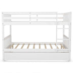 Solid Wood Full Over Full Bunk Bed Frame with Trundle, Safety Ladder & Guardrails, Convertible Bunk Bed for Kids Teens