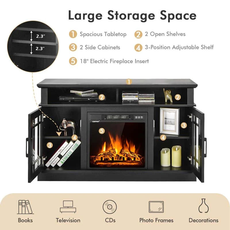 48" TV Console with 18" Fireplace Insert, Fireplace TV Stand for TVs up to 50 Inches, 1400W Electric Fireplace Heater