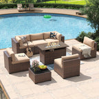 Aoxun 8 Piece Patio Furniture Set with 44” Fire Pit Table Wicker Rattan Outdoor Sectional Sofa Set with Coffee Table and Thickened Cushions  Beige (Waterproof Cover Included)