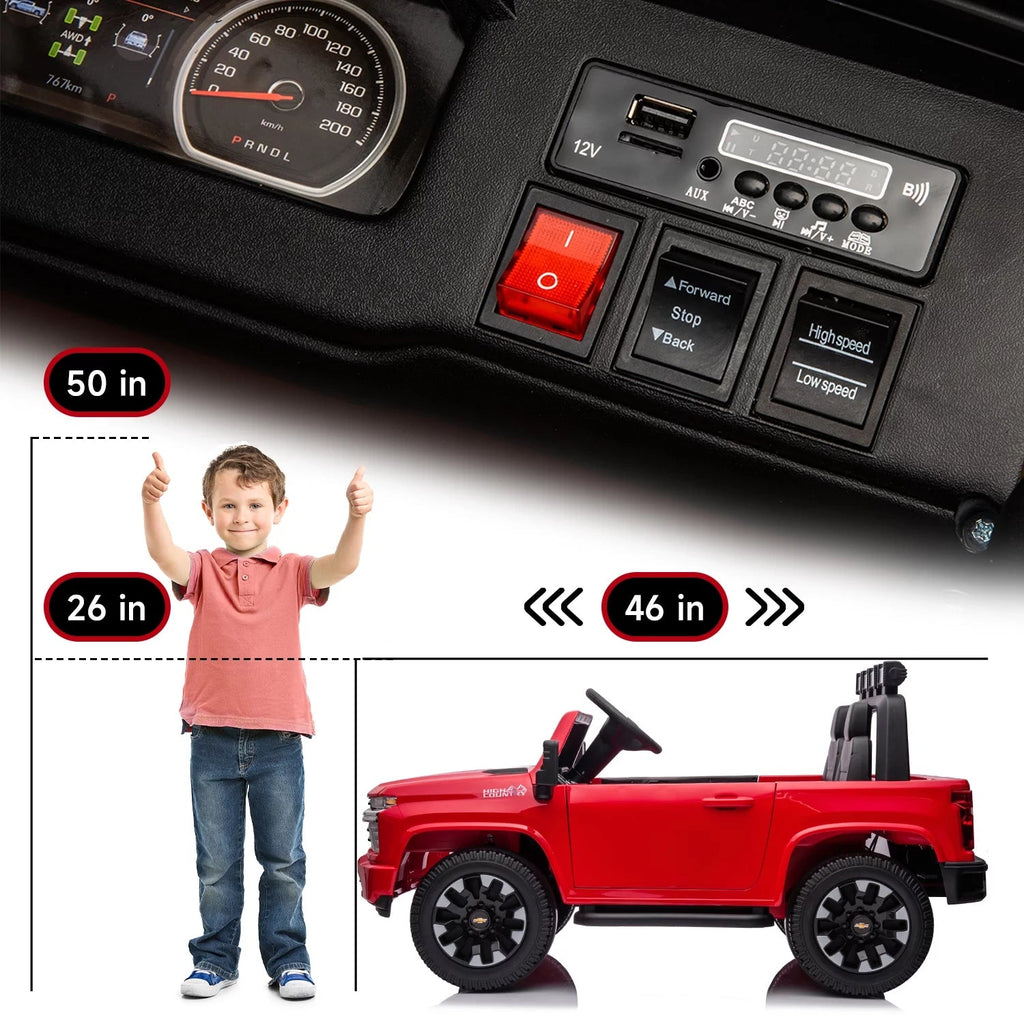 Track 7 24V Ride on Car, Licensed Silverado HD 2 Seater Electric Car for Boys Girls Age 3+, 24V Ride on Truck w/Remote Control, Music, ABC, Red