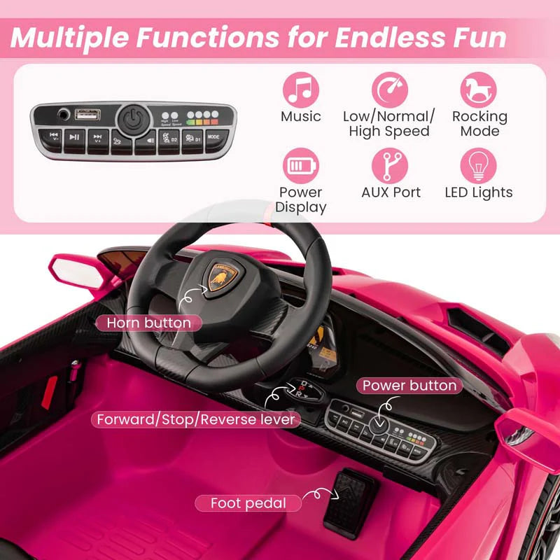 Lamborghini Licensed Kids Ride On 4WD Sports Car, 12V Battery Electric Vehicle Toy with Remote Control, 3 Speeds, Hydraulic Doors