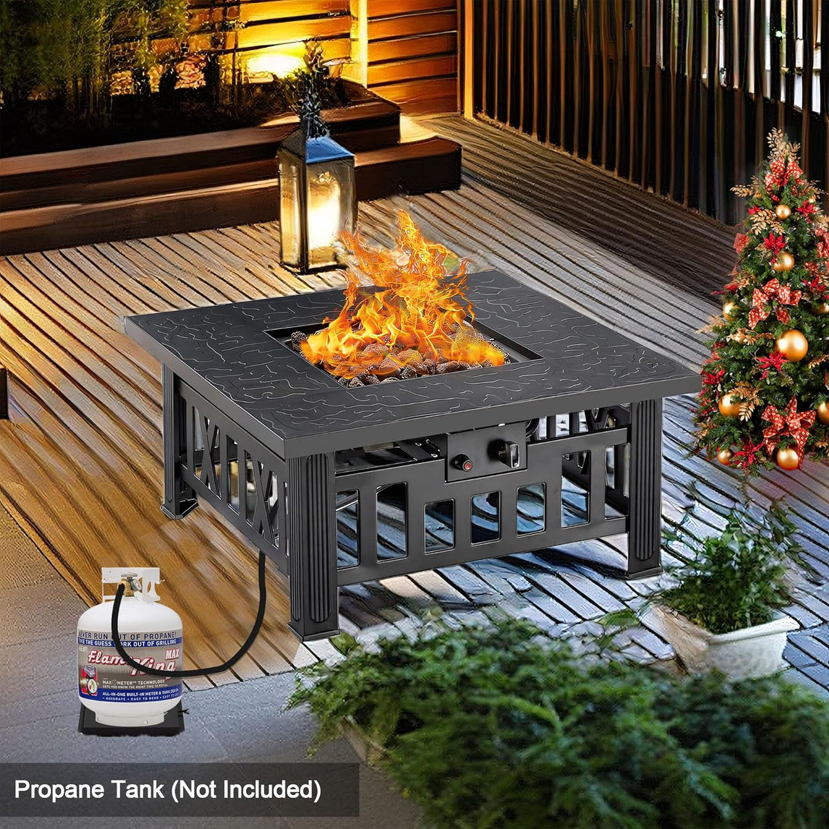 VECELO Propane Fire Pit, 30 Inch Outdoor Gas Fire Table, 50,000 BTU Square Firepit with Lid and Lava Rock, Adjustable Flame Steel Fire Table for Outdoor, Patio, Backyard, Party, Black