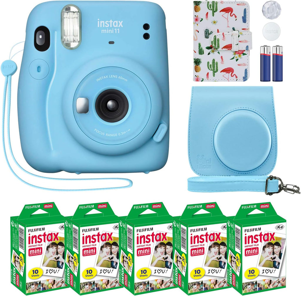 Fujifilm Instax Mini 11 Instant Camera Sky Blue + Custom Case Fuji Film Value Pack (50 Sheets) Flamingo Designer Photo Album for instax Photos