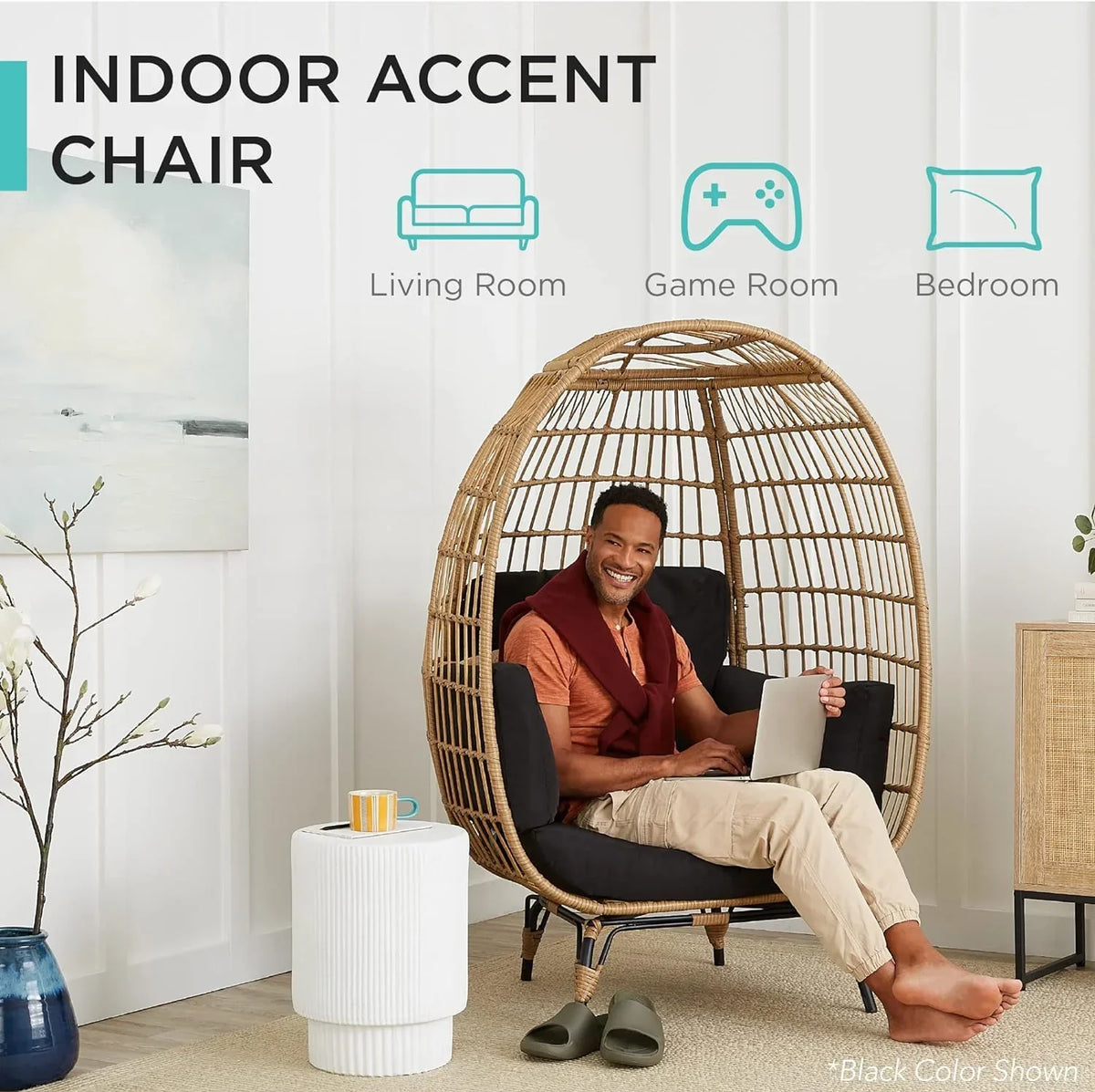 Ivory Wicker Egg Chair, Oversized Indoor Lounger, 440lb Capacity, Bohemian Style, Steel Frame, Cushions Included