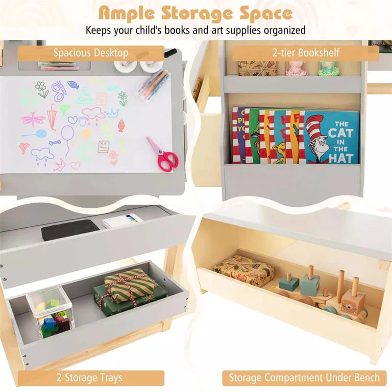 Kids Wooden Art Center Easel with Adjustable Double-Sided Blackboard & Whiteboard, Paper Roll, Toddler Art Table & Chair Set with Storage