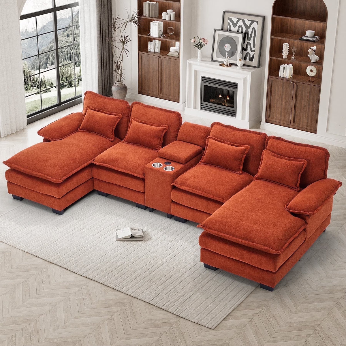 Wiilayok U Shaped Cloud Couch Modular Sectional Sofa 124" Extra Deep Fluffy Chenille Double Chaise Lounge, Central Console w/ Dual USB-C & A Ports, Storm Gray