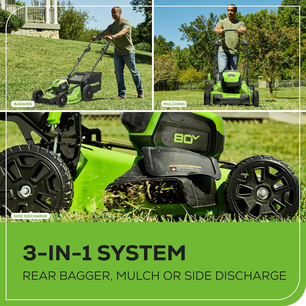 Greenworks 80V 21�� Brushless (Self-Propelled) Cordless Electric Lawn Mower + (580 CFM) Axial Leaf Blower (75+ Compatible Tools)  4.0Ah Battery and 60 Minute Rapid Charger  Green and Black
