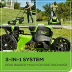 Greenworks 80V 21�� Brushless (Self-Propelled) Cordless Electric Lawn Mower + (580 CFM) Axial Leaf Blower (75+ Compatible Tools)  4.0Ah Battery and 60 Minute Rapid Charger  Green and Black
