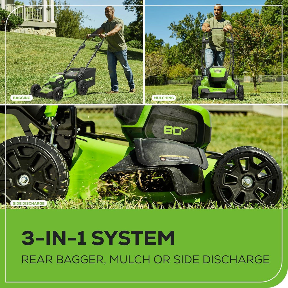 Greenworks 80V 21�� Brushless (Self-Propelled) Cordless Electric Lawn Mower + (580 CFM) Axial Leaf Blower (75+ Compatible Tools)  4.0Ah Battery and 60 Minute Rapid Charger  Green and Black