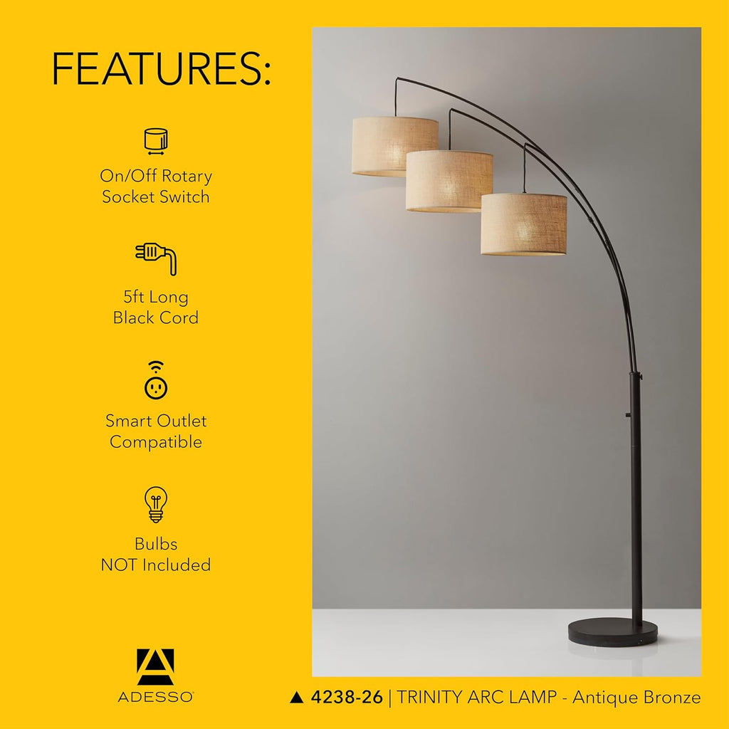 Adesso Arc Floor Lamp with 3 Movable Shades & Dimmable Brightness - Perfect Lighting for Bedroom, Living Room and Corner Decor, Antique Bronze