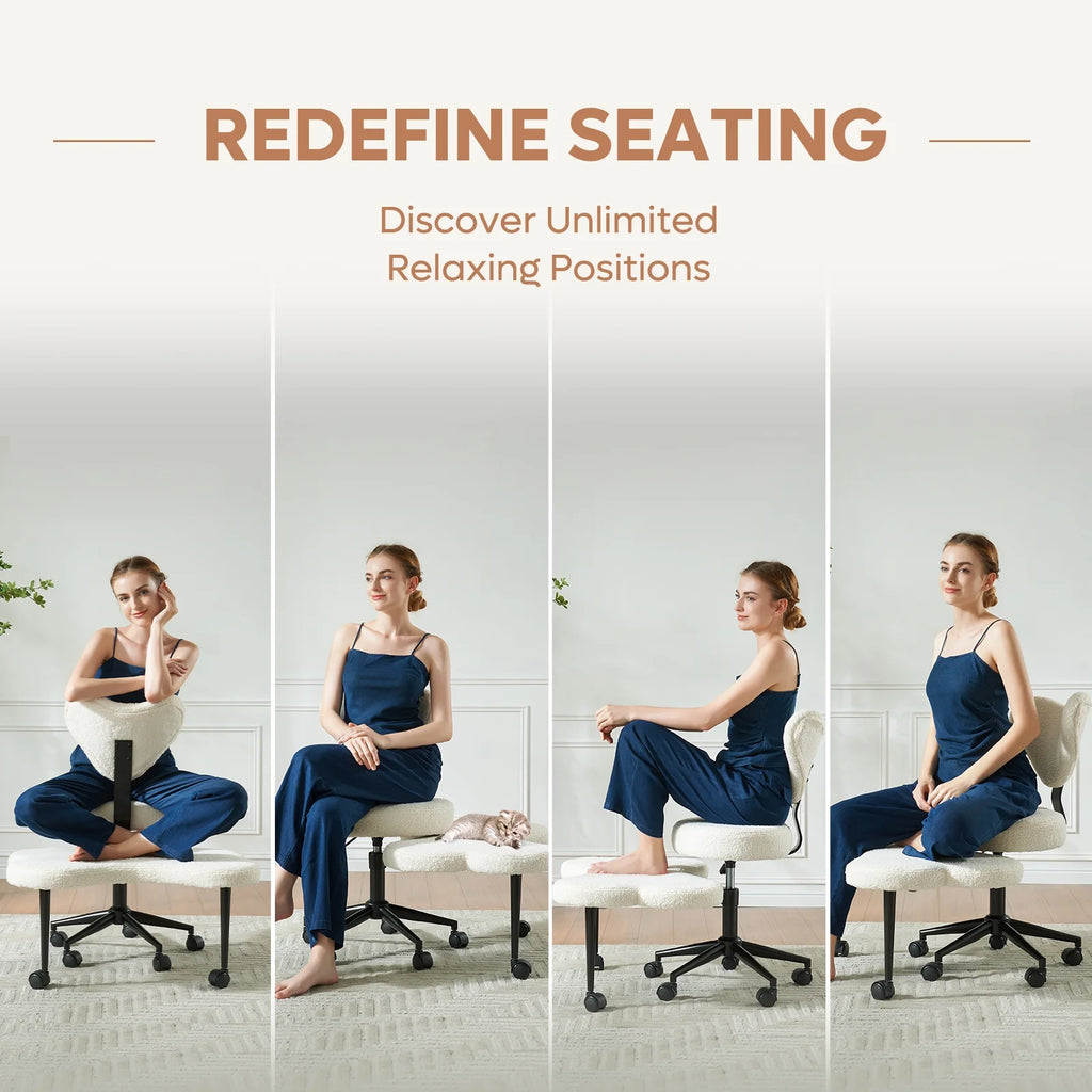 Pinmoco Ergonomic Cross Legged Swivel Chair, Adjustable Height and Teddy Fabric, Meditation& ADHD Chair with Back Support, Home and Office, Off White