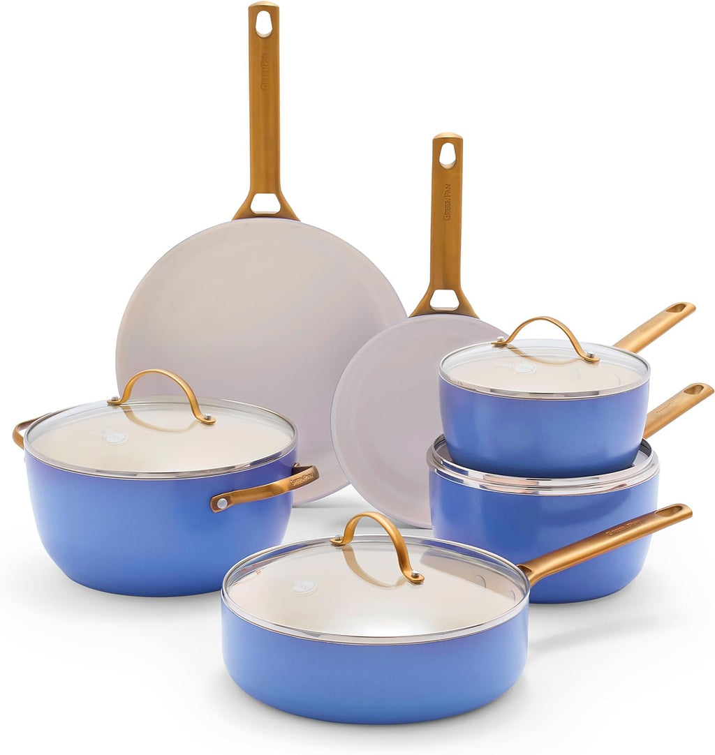 Reserve Hard Anodized Healthy Ceramic Nonstick 10 Piece Cookware Pots and Pans Set, Gold Handle, PFAS-Free, Dishwasher Safe, Oven Safe, Black