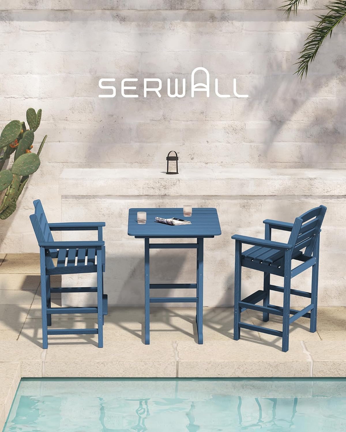 SERWALL Balcony Adirondack Chairs and Table 3 Pieces Set  Adirondack Bar Height Chairs Set of 2 and Bar Table  Outdoor Bar Stools Set for Bistro  Poolside  Backyard  Blue