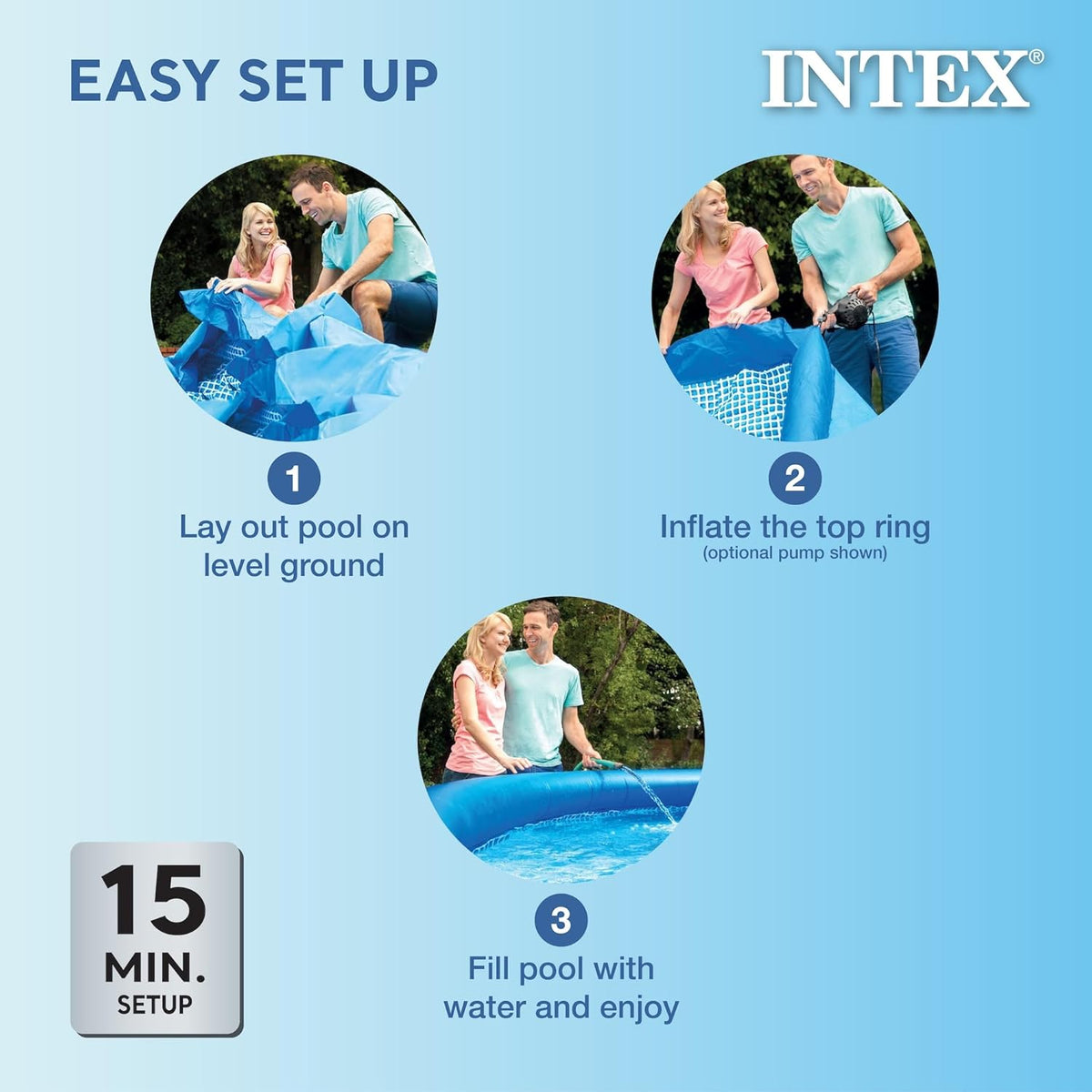 Intex 28167EH Easy Set Inflatable Swimming Pool Set: 15ft x 48in – Includes 1000 GPH Cartridge Filter Pump – Removable Ladder – Pool Cover – Ground
