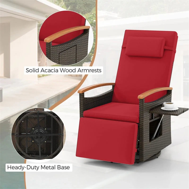 Outdoor Rattan 360�� Swivel Recliner Chair, Patio Wicker Chaise Lounge Chair with Adjustable Backrest & Footrest, Flip Side Table & Cushions