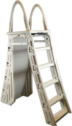 Confer Plastics 7200 Roll Guard 48" to 56" Adjustable A Frame Safety Ladder For Above Ground Outdoor Patio Swimming Pool Platform Ladder with Step Barrier, Warm Grey