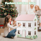 Kids Wooden Dollhouse 3 Level with Double-Sided Roofs and Doors