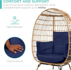 Ivory Wicker Egg Chair, Oversized Indoor Lounger, 440lb Capacity, Bohemian Style, Steel Frame, Cushions Included