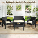 Yaheetech Patio Furniture Set 4 Pieces Conversation Sets, Rattan Chair Wicker Set Loveseat with Soft Cushion and Glass Table for Backyard Porch Garden Poolside Balcony, Black and Beige