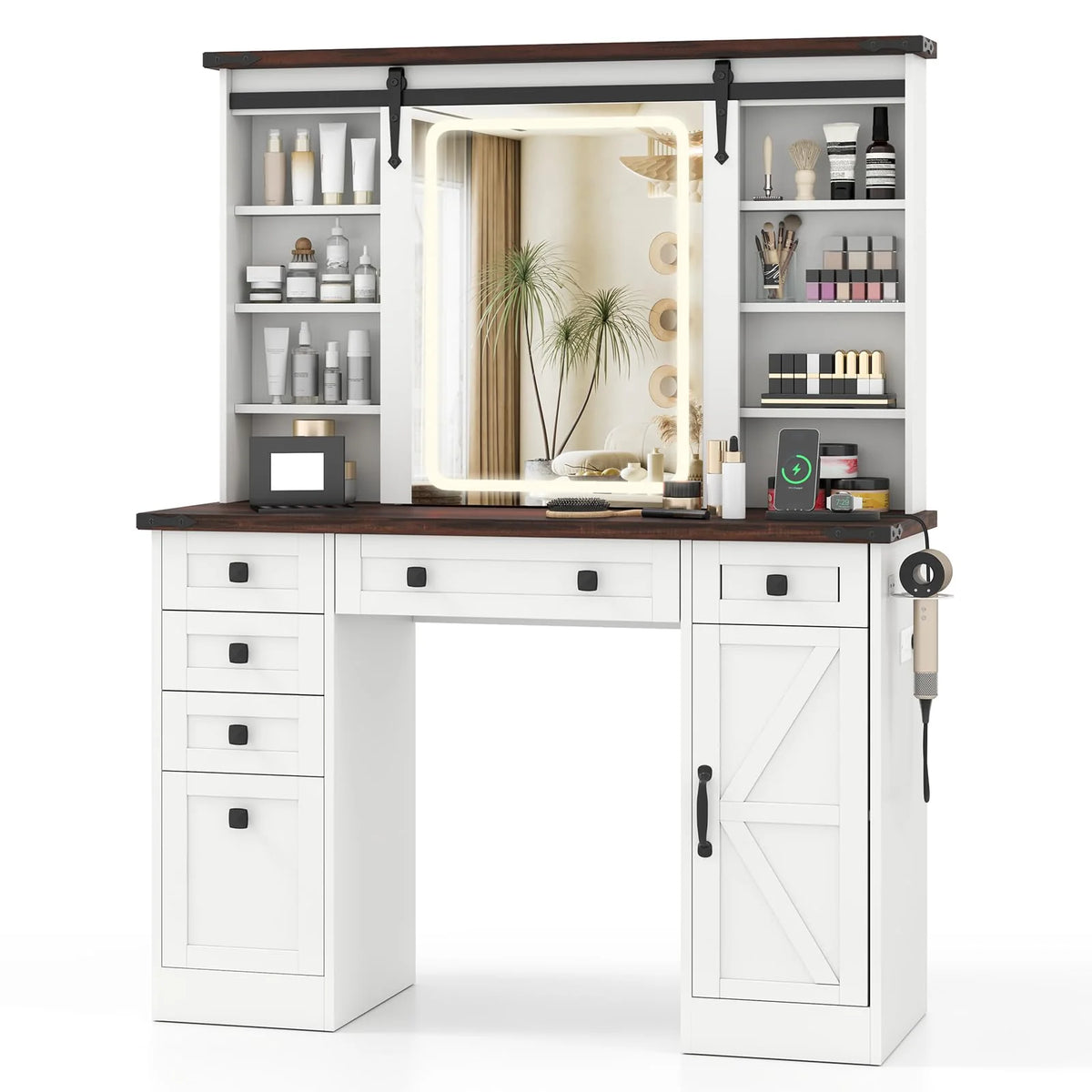 Giantex Farmhouse Vanity Desk with Barn-Style Sliding Mirror, Makeup Vanity Table w/ 3 Lighting Modes & Adjustable Brightness