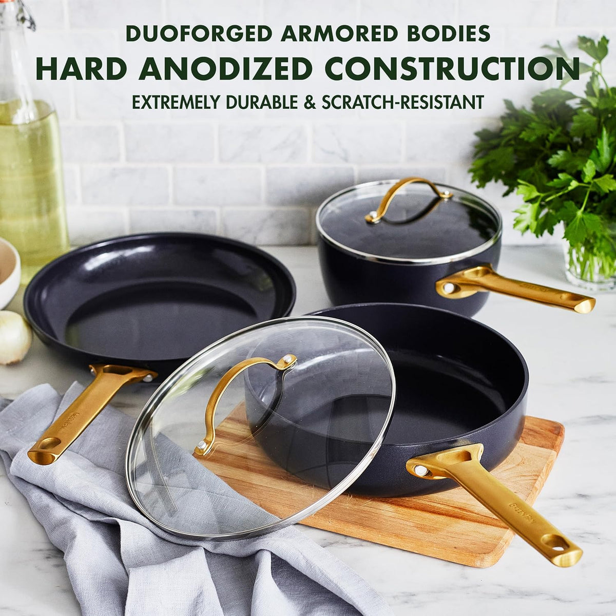 Reserve Hard Anodized Healthy Ceramic Nonstick 10 Piece Cookware Pots and Pans Set, Gold Handle, PFAS-Free, Dishwasher Safe, Oven Safe, Black