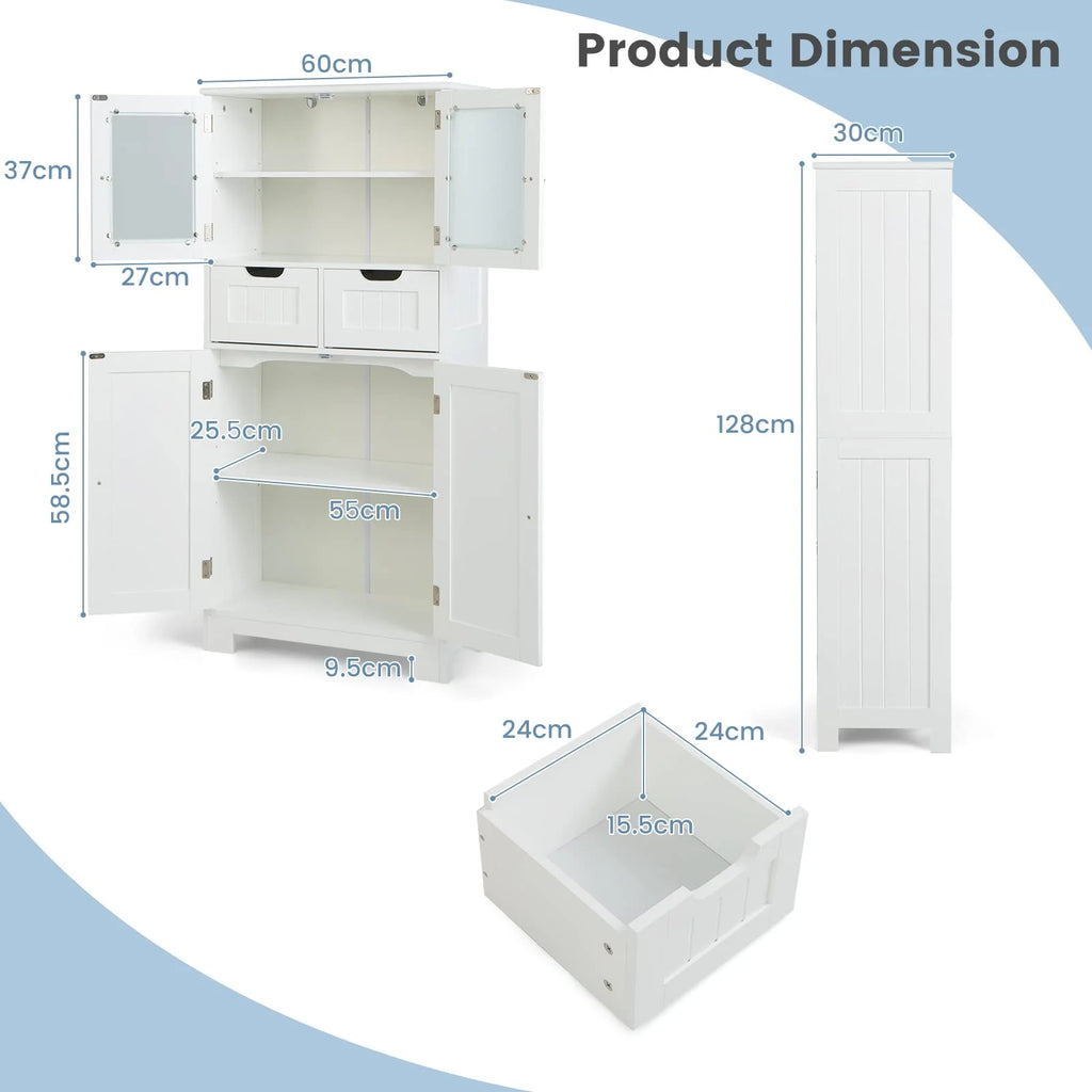 Giantex Floor Storage Cabinet with 4 Doors, Freestanding Bathroom Cabinet with 2 Glass Doors, White