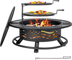 Panovue 42 Inch Fire Pit with 2 Cooking Grates, Outdoor Wood Burning BBQ Grill Firepit Bowl with Cover Lid, Steel Round Table for Backyard Bonfire Patio Picnic (Black, 42)